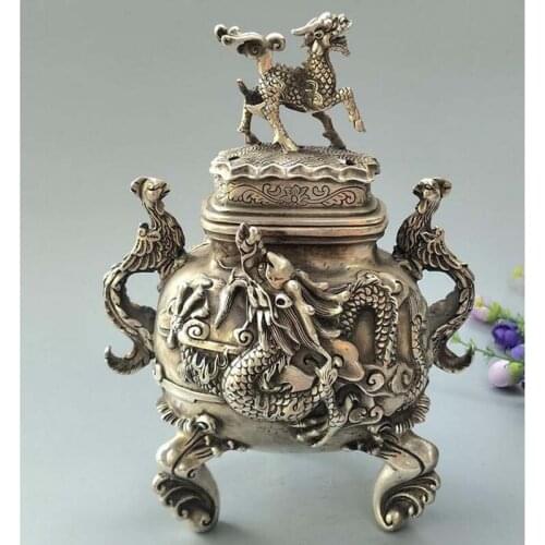 Collectible archaize white copper kirin dragon phoenix incense burner