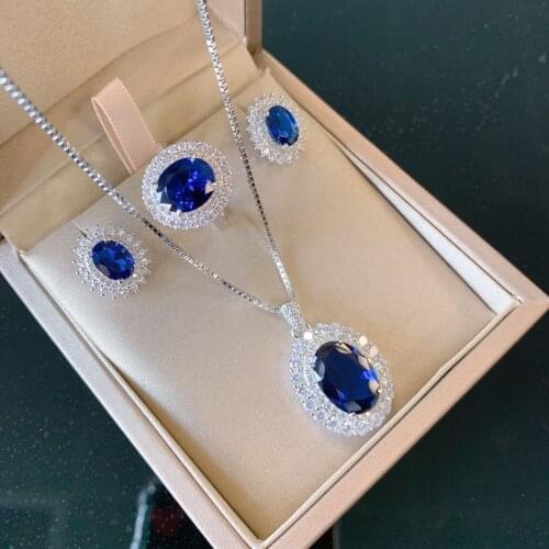 Luxury 100% 925 Sterling Silver Jewelry Set Oval Paraiba Tourmaline Emerald Sapphire Necklace Earrings Ring Sets Wholesale