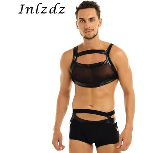 Harness Mens Leather Underwear Set Imitation Leather Mesh Shoulder Braces Belt Suspenders Harness Belt Body Strap Lingerie Set