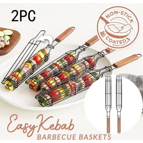 1/2 pcs Kabob Grilling Basket Reusable Durable Anti-Corrosion Wooden Handle Barbecue Tool Grill Basket Grill Net For Co-Worker