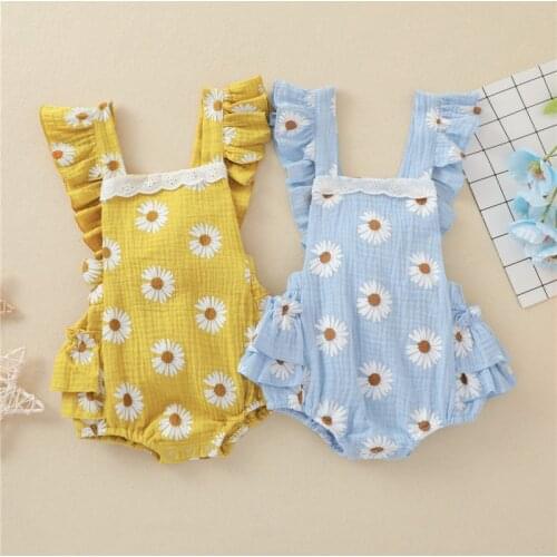 Summer Baby Girls Romper Daisy Print Ruffles Sleeve Playsuit Jumpsuits Sunsuit Clothes Newborn Infant Cotton Linen Outfits 0-24M