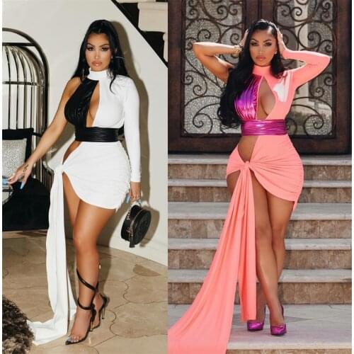 Echoine New Designer One Shoudler Sleeve Sexy Lace up Mini Dress Ladies Party Club Hollow Out Color Patchwork Vintage Vestidos