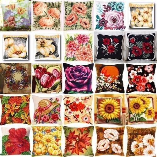 TH flowers 04 NEW DIY Needlework Kit Acrylic Yarn Embroidery Pillow Tapestry Canvas Cushion Front Cross Stitch Pillowcase