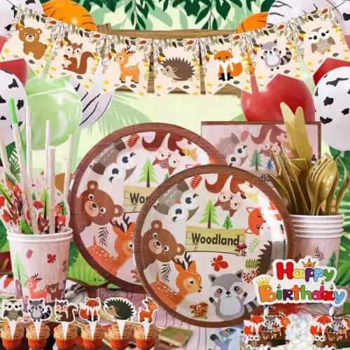 Wild animal print disposable childrens birthday party tableware happy birthday pull flag dinner plate straw baby shower
