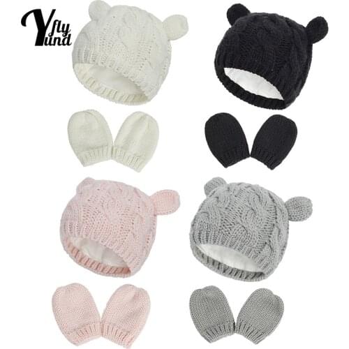 Yundfly Newborn Solid Color Knitting Wool Cap and Glove Two Piece Set Cute Cartoon Ears Infant Hat Warm Baby Mitten Holiday Gift