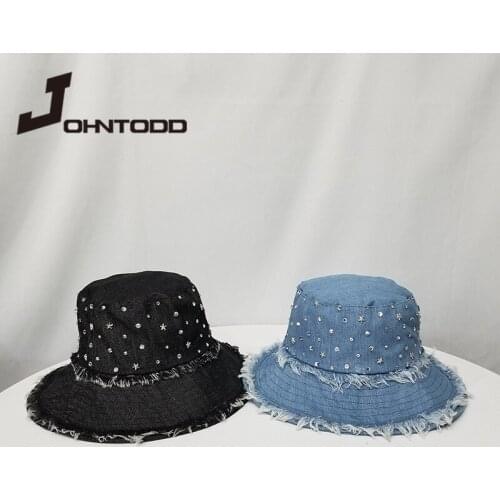 2021 Fashion Summer Women Men Fisherman Hat Washed Cotton Denim Bucket Hat Thick Warm Cap Rivets Travel Outdoor Floopy SunHats