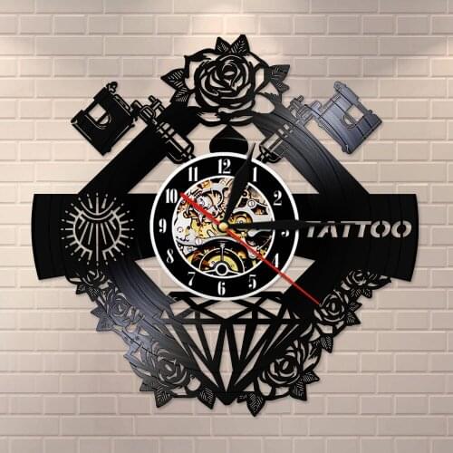 Custom Name Silent Vinyl Record Wall Clcok Tattoo Studio Sign Tattoo Tattoo Shop Tattoo Machine Wall Decor Hipster Men Gift
