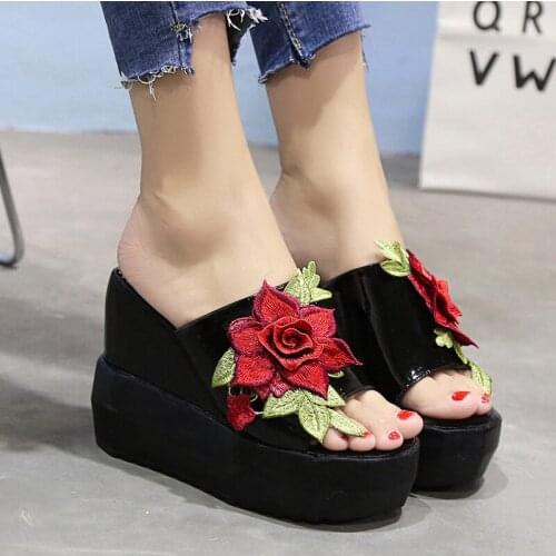 Embroidery Floral Chunky Platform Wedge Sandals Women Summer 2021 Super High Heels Patent Leather Sandalias Mujer Shoes