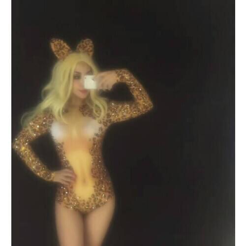 Sexy Leopard Print Bodysuit Rhinestones Costumes bodysuit Nightclub for DJ Dancer Singer Stage Wear Costume Women Sexy Clothed