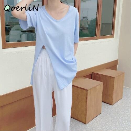 2020 Summer New Split V-neck Short Sleeve T-shirt Female Solid Thin Shirt Loose Casual Tops Girls Hollow Out Street Wear Tees