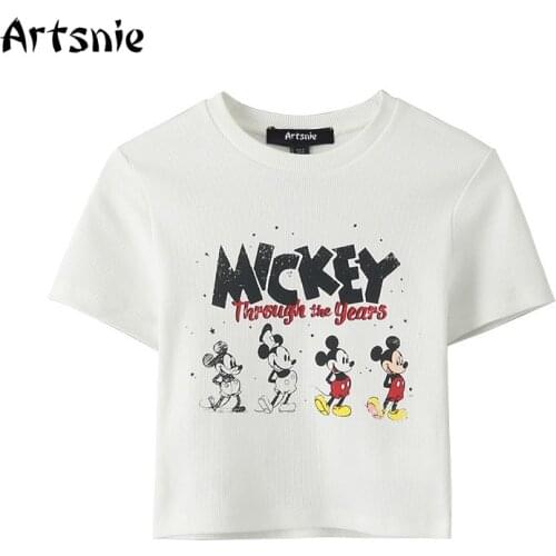 Artsnie Summer 2021 Mickey Mouse T Shirt Women O Neck Short Sleeve Crop Tops Streetwear White Casual Skinny Disney T-shirts
