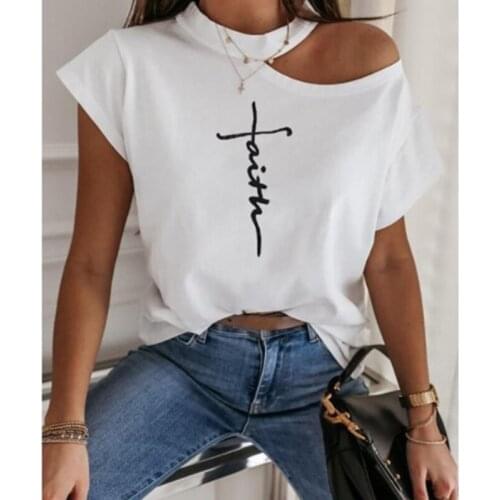 Off Shoulder Womens T Shirt Letter Printing Oversized Short Sleeve Loose Women Clothing Sexy Halter Neck T-Shirt