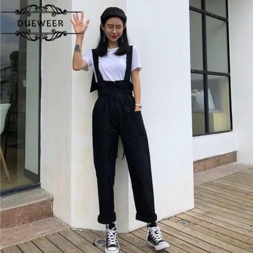Dueweer Women Jumpsuits High-waist Straps Trousers Drawstring Solid Pleated Korean Style Elegant BF Retro Chic