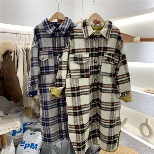 2020 Spring Turn Down Collar Woolen Plaid Print Elegant Wool Jacket Women Autumn Long Coat Casaco Feminino