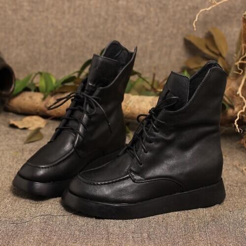 Winter Leather Ankle Boots Women 2020 New Black Mid-tube Thick-soled Lace-up Women Boots Fashion Casual Warm Non-slip Work Boots
