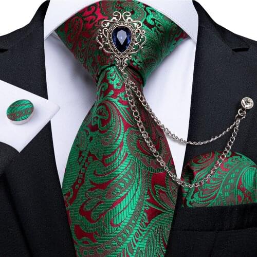 2020 New Design Fashion Men Tie Brooch Set Green Red Paisley Silk Tie Handkerchief Cufflinks Set Wedding Party Necktie DiBanGu