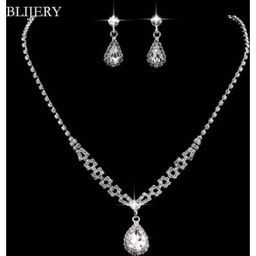 BLIJERY Silver Color Teardrop Crystal Bridal Jewelry Sets Choker Necklace Earrings Set for Women Wedding Engagement Jewelry Sets