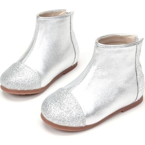 Flower Girl Boots for Wedding Leather Kids Glitter Birthday Party Shoes Halloween Black Shoes Plush Winter 2t 3t 5t Silver Solid