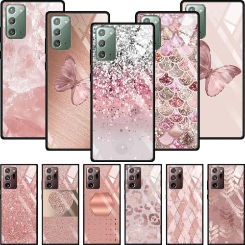 Tempered Glass Case For Samsung Galaxy note 10 plus 20 ultra 10 lite 9 8 Smartphone Fitted Fundas Gold Pink Rose Glitter Hearts
