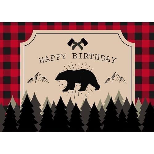 Lumberjack themed birthday party photo backdrp for photography buffalo plaid baby boy bear background poster candy table banner
