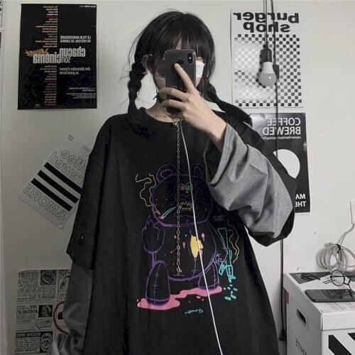 Fake two-piece long-sleeved T-shirt autumn Korean version of Harajuku bf style ghost horse bear print loose female student shirt
