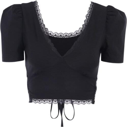 Summer Women T-shirts Black Sexy Slim Deep V-neck Navel-exposing Short Puff Sleeve Tees Lace Backless Top Casual Streetwear New