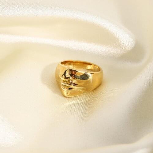 Hip Hop Style 18k Gold Plated Stainless Steel Face Rings For Women Tarnish Free Creative Waterproof Rings