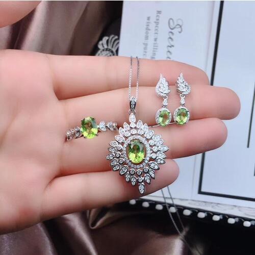 Green Peridot gemstone jewelry set including ring earrings and necklace for woman jewelry real 925 silver natural gem date gift
