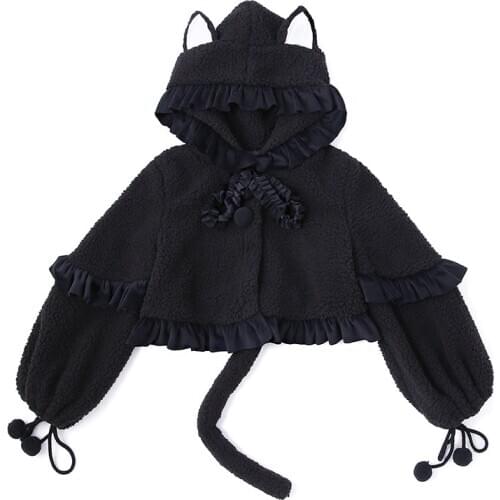 Origional Lolita Japanese-Style Student Cute Autumn and Winter Cute Little Black Cat Ears Tail Outwear Women Jacket Hooded Coat