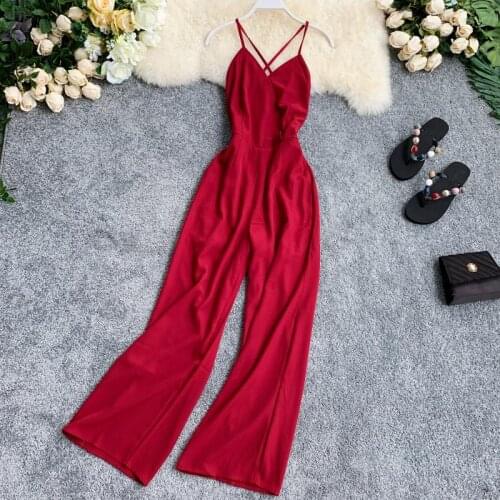 New Women Kombineson 2020 Summer Sexy Backless V-neck Bandage Jumpsuits Ladies Elegant Slim Straight Pants Romper Beach Overalls