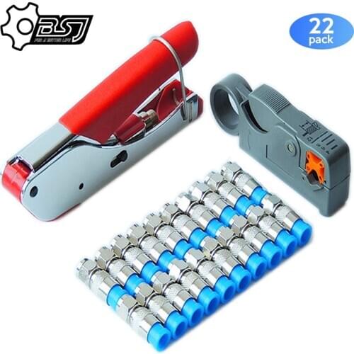 New Multitool Wire Stripping Squeezing Pliers Coaxial Cable Cold Press Clamp RG59 RG6 Cable TV Crimping Tool Set with 20 F Heads