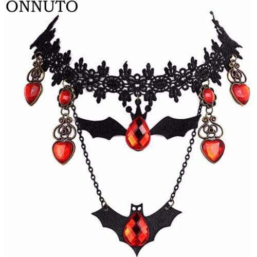 Gothic Jewelry Red Bat Halloween Necklace Lace Choker Collar for Women Nightmare Before Christmas Black Layered Necklace Gift