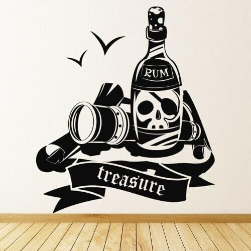 Pirate Treasure Wall Sticker Rum Alcohol Skull Lettering Art Mural Vinyl Wall Sticker Cool Style Bedroom Bar Interior Decor M907