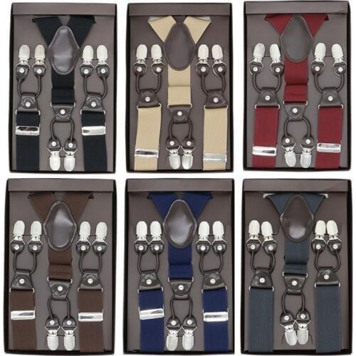 Microfiber Suspenders Brown leather 6 Clips Braces Vintage Casual Suspensorio Tirante Trousers Strap bretele Father/Husband Gift