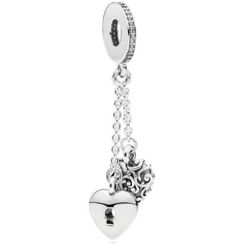 Genuine 925 Sterling Silver Charm Vintage Pattern Lock And Heart Chained Pendant Beads Fit Pan Bracelet & Necklace Jewelry