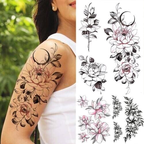 Realistic Peony Flower Temporary Tattoos For Women Adults Lily Rose Lotus Tattoo Sticker Fake Black Transferable Tatoos Decal