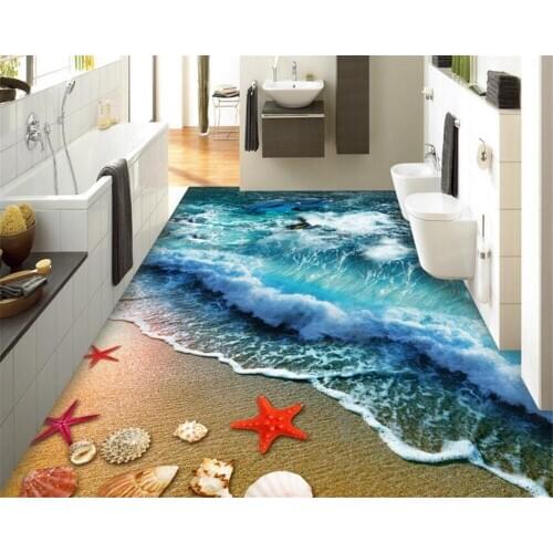BEIBEHANG Home bathroom bedroom floor self adhesive wallpaper beach beach waves surfing 3D floor tiles painting 3d flooring