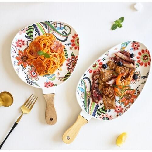 Northern Europe Butterfly Love Decor Glaze Wooden Handle Western Steak Dessert Plate Domestic Creative Ceramic Fruit Dish