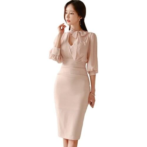 Chiffon Dress For Women 2021 Summer New Fashion Elegant Stitching Lace Mid-lenght Lantern Sleeve Pink Dresses Female JD1147
