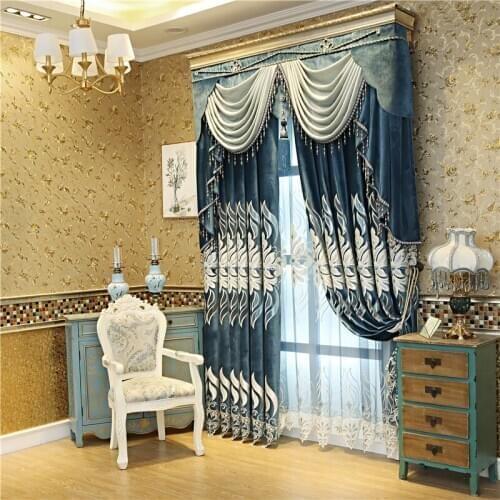 Dark blue European and American top luxury flannel blackout curtains for living room curtains high-quality tulle curtains