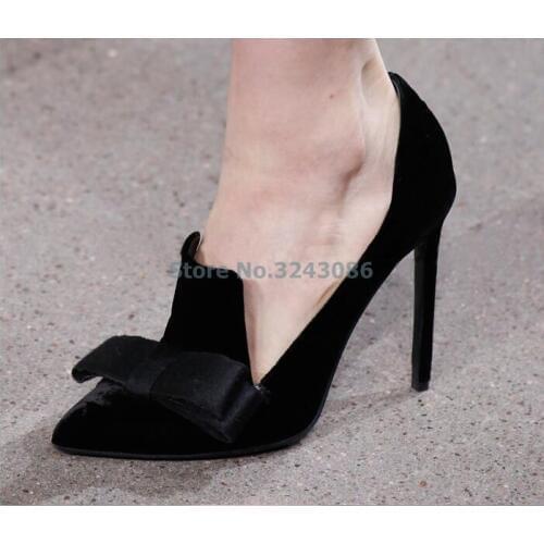 Black Velvet Butterfly-knot Thin High Heel Pumps Gray Costume Tweed Pointed Toe Slip On Elegant Women Dress Shoes New Arrival