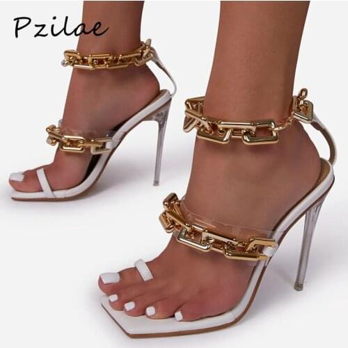 Pzilae New Fashion Sexy Metal Chain Women Sandals Square Toe Crystal Heel Party Shoes High Heels Black White Pumps Size 35-42