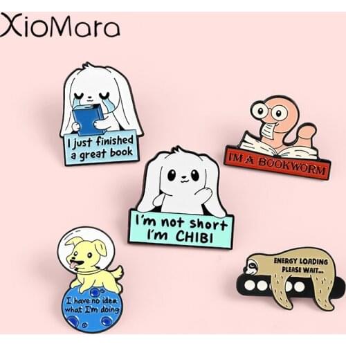 Fun Cartoon Animal Enamel Pins Bookworm Rabbit Sloth Dog Brooches Badges Clothes Bag Cute Pins Jewelry Gift for Friends