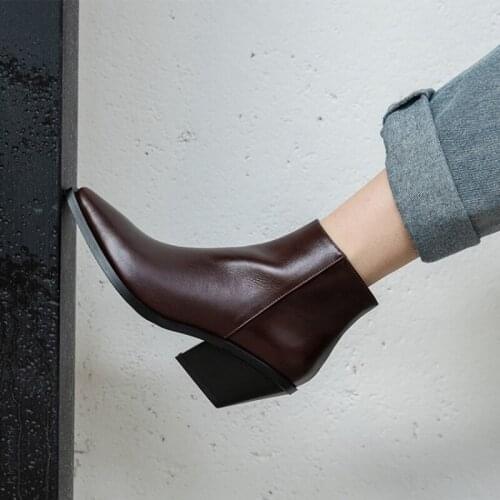 Spring/Autumn Women Boots Pointed Toe Chunky Heel Leather Western Boots 6.5cm Heel Black Ankle Boots Concise Zipper Women Shoes