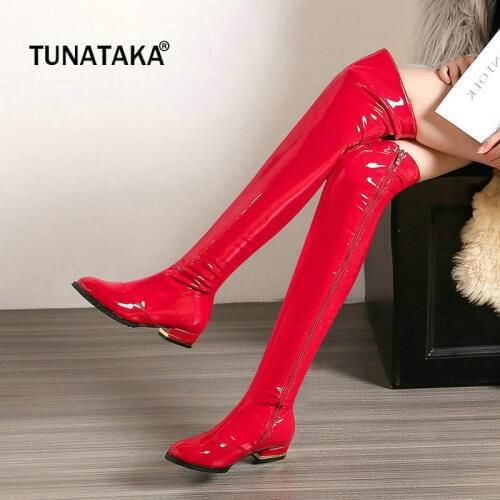 Patent Leather Comfort Square Heel Woman Over The Knee Boots Fashion Side Zipper Party Woman Thigh Boots Black Red Apricot