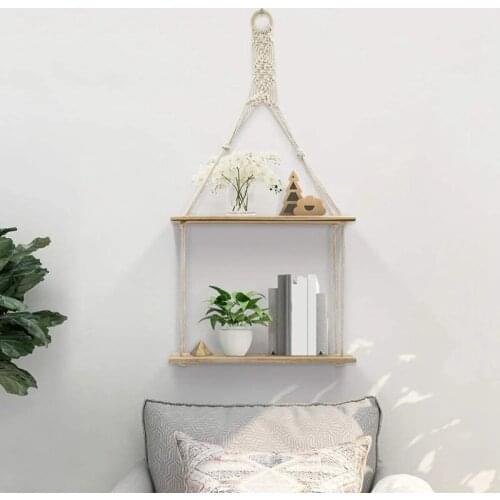 1Pcs Wall Shelf Boho Plant Hanging Shelf Chic Decor 2 Tier Cotton Rope Floating Shelves Macrame for Bedroom Living Room