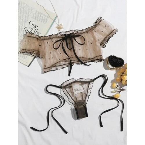 2PCS/Set Porn Sexy Lingerie Off Shoulder Lace Up Bikinis Women Sweet Casual Short Sleeve Suits Swimsuits Beachwear Bathing Suits