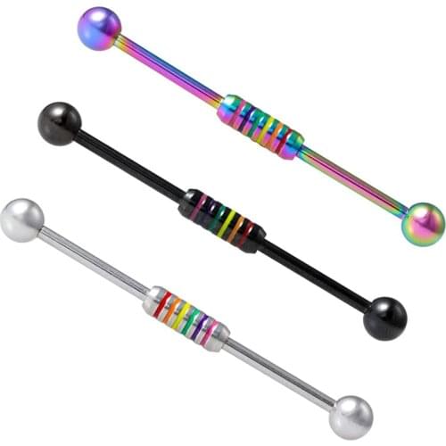3PCS Middle Rainbow Industrial Barbell Cartilage Helix Conch Scaffold Ear Bridge Piercing Stud 14g