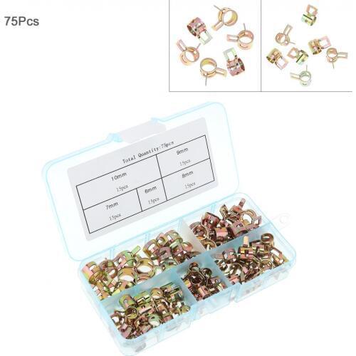 75pcs/set Clamps Chrome-Plated Zinc Elastic Ferrule 6-10mm Spring Clip Hose Clamp for Fuel Line/Water Pipe/Air Tube/Car Plumbing