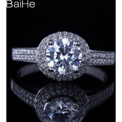 BAIHE Solid 14K White Gold 6.5mm Genuine AAA Graded Cubic Zirconia ring Round Engagement Trendy Cubic Zirconia Ring for Women